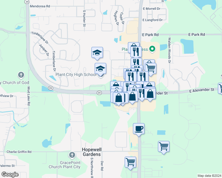 map of restaurants, bars, coffee shops, grocery stores, and more near 2303 South Maki Road in Plant City