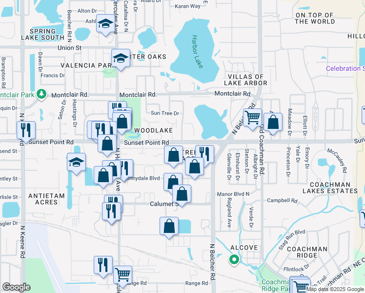 map of restaurants, bars, coffee shops, grocery stores, and more near 2101 Sunset Point Road in Clearwater
