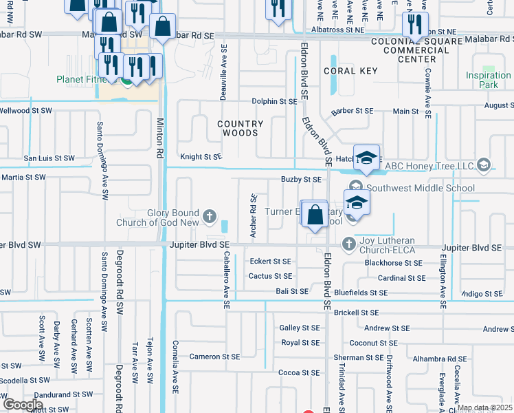 map of restaurants, bars, coffee shops, grocery stores, and more near 449 Archer Road Southeast in Palm Bay