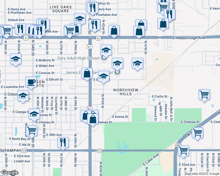 map of restaurants, bars, coffee shops, grocery stores, and more near 4911 North 42nd Street in Tampa