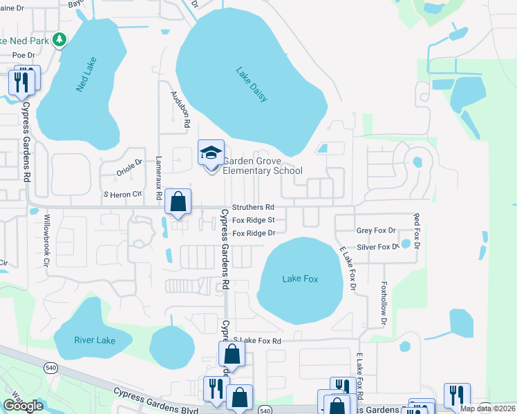 map of restaurants, bars, coffee shops, grocery stores, and more near 53 Stebbins Drive in Winter Haven