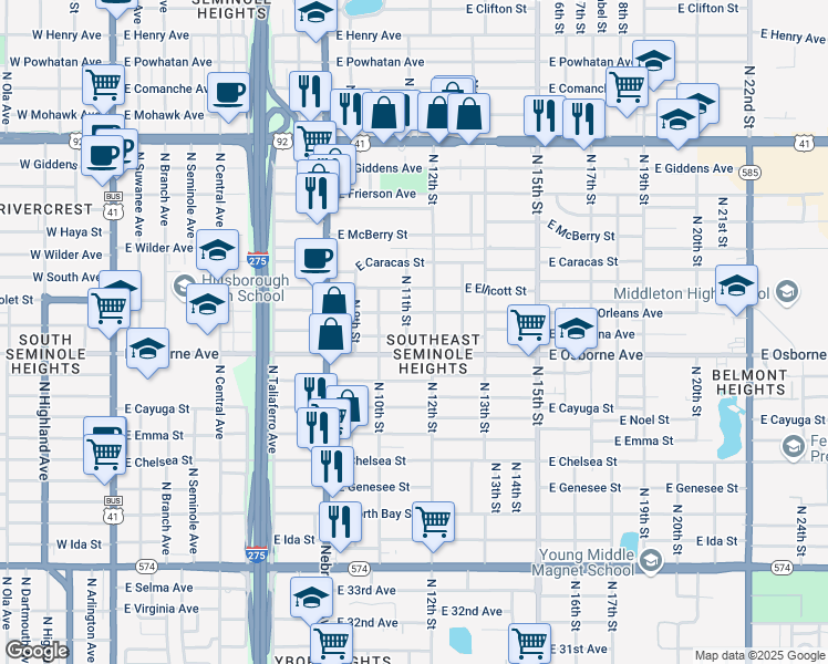 map of restaurants, bars, coffee shops, grocery stores, and more near 1102 East Louisiana Avenue in Tampa