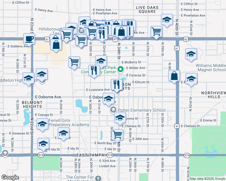 map of restaurants, bars, coffee shops, grocery stores, and more near 3212 East Louisiana Avenue in Tampa