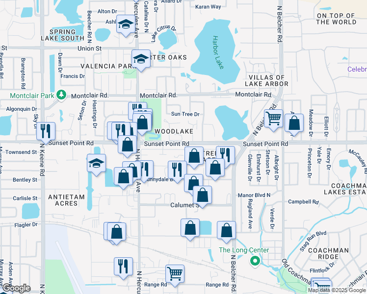 map of restaurants, bars, coffee shops, grocery stores, and more near 2088 Sunset Grove Lane in Clearwater