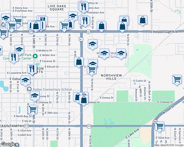 map of restaurants, bars, coffee shops, grocery stores, and more near 4115 Carnegie Court in Tampa