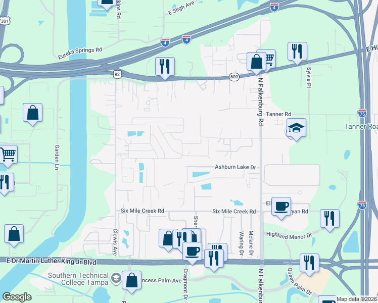 map of restaurants, bars, coffee shops, grocery stores, and more near 9707 Linda Place in Tampa