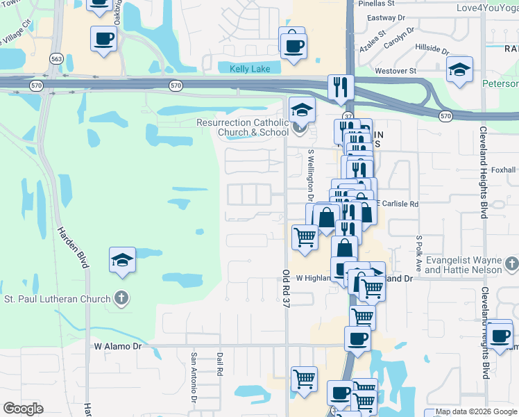 map of restaurants, bars, coffee shops, grocery stores, and more near 513 El Camino Real West in Lakeland