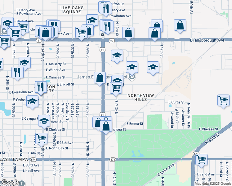 map of restaurants, bars, coffee shops, grocery stores, and more near 4115 Carnegie Court in Tampa