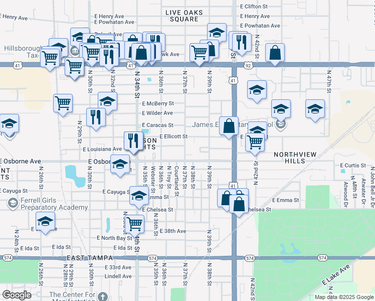map of restaurants, bars, coffee shops, grocery stores, and more near 4911 North 38th Street in Tampa