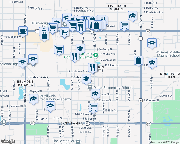 map of restaurants, bars, coffee shops, grocery stores, and more near 3212 East Louisiana Avenue in Tampa