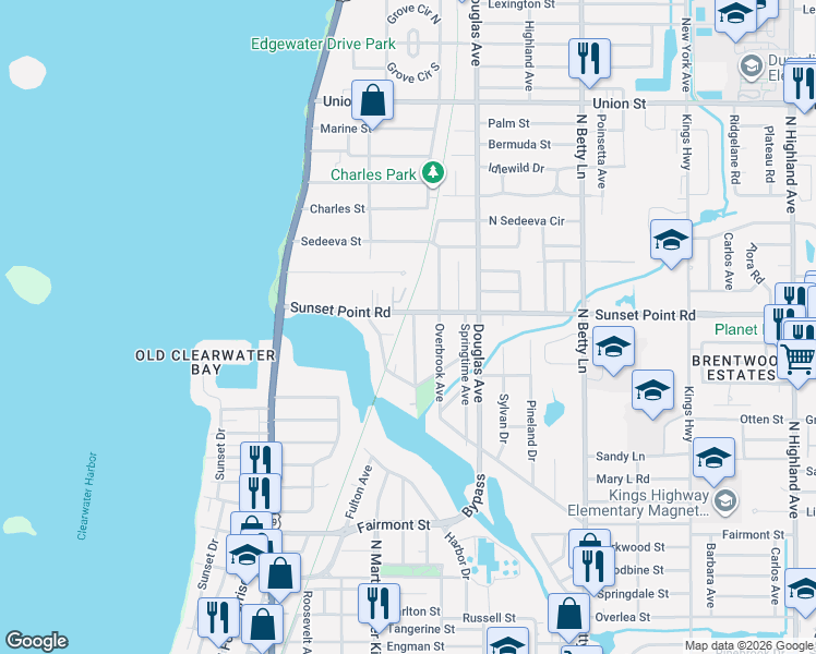 map of restaurants, bars, coffee shops, grocery stores, and more near 1117 County Road 576 in Clearwater