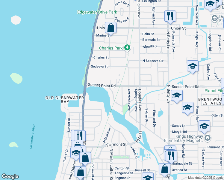 map of restaurants, bars, coffee shops, grocery stores, and more near 1066 Sunset Point Road in Clearwater