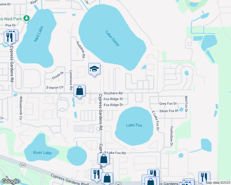 map of restaurants, bars, coffee shops, grocery stores, and more near 53 Stebbins Drive in Winter Haven