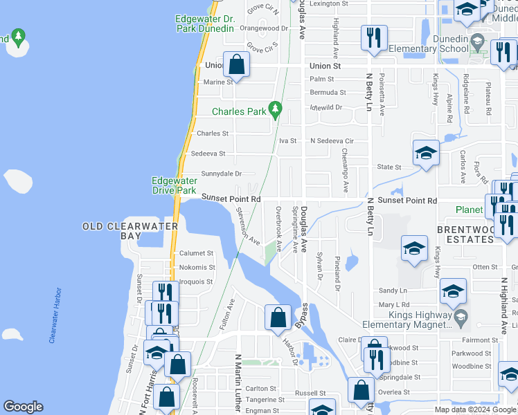 map of restaurants, bars, coffee shops, grocery stores, and more near 1117 County Road 576 in Clearwater