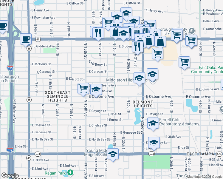 map of restaurants, bars, coffee shops, grocery stores, and more near 1808 East Louisiana Avenue in Tampa