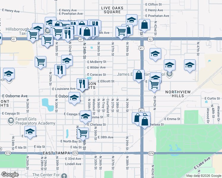 map of restaurants, bars, coffee shops, grocery stores, and more near 3620 East Louisiana Avenue in Tampa