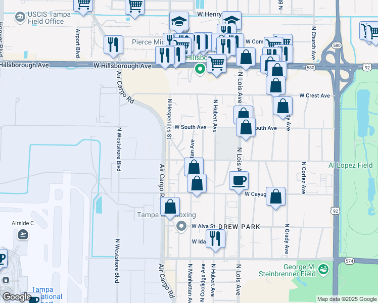 map of restaurants, bars, coffee shops, grocery stores, and more near 4812 North Manhattan Avenue in Tampa