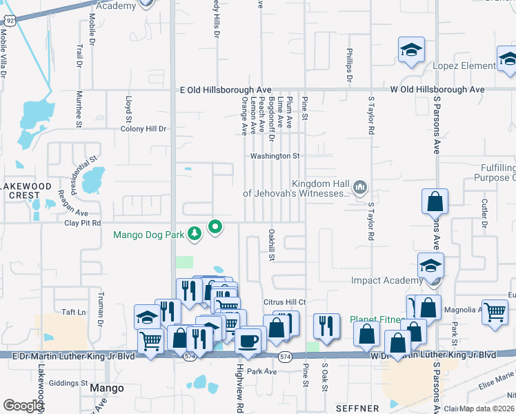 map of restaurants, bars, coffee shops, grocery stores, and more near 5213 Orange Avenue in Seffner
