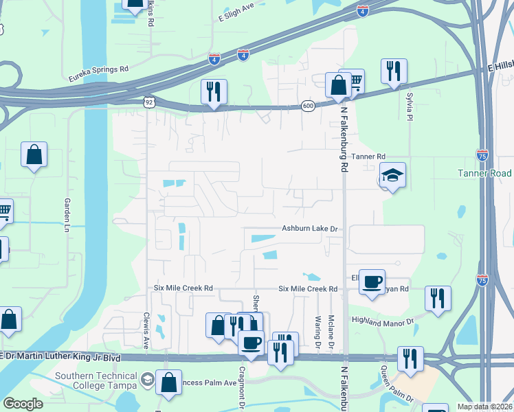 map of restaurants, bars, coffee shops, grocery stores, and more near 9707 Linda Place in Tampa