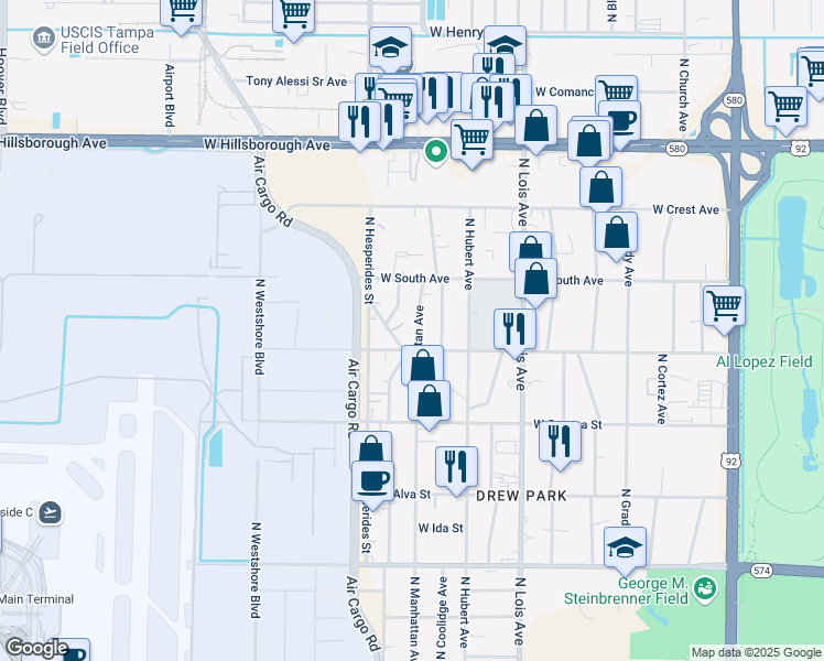 map of restaurants, bars, coffee shops, grocery stores, and more near 4812 North Manhattan Avenue in Tampa