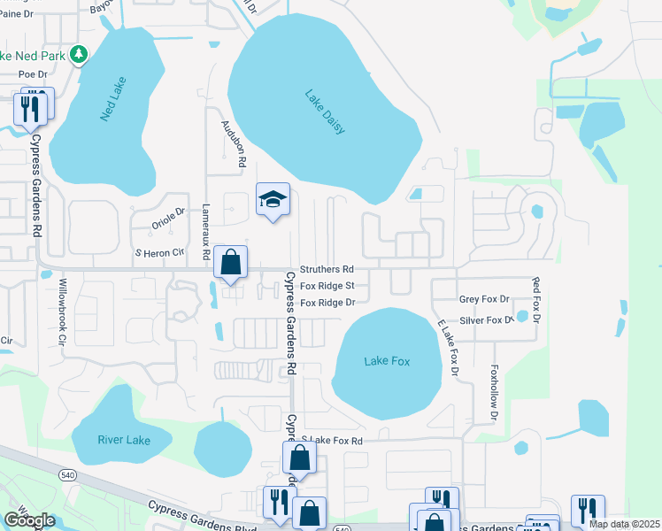map of restaurants, bars, coffee shops, grocery stores, and more near 53 Stebbins Drive in Winter Haven