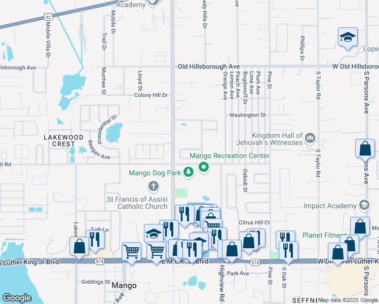 map of restaurants, bars, coffee shops, grocery stores, and more near 11716 Mango Cross Court in Seffner