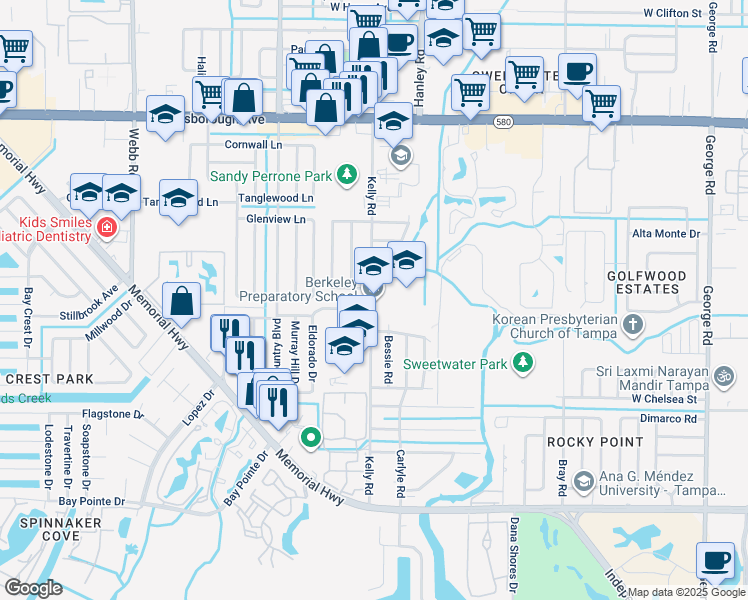 map of restaurants, bars, coffee shops, grocery stores, and more near 4809 Kelly Road in Tampa