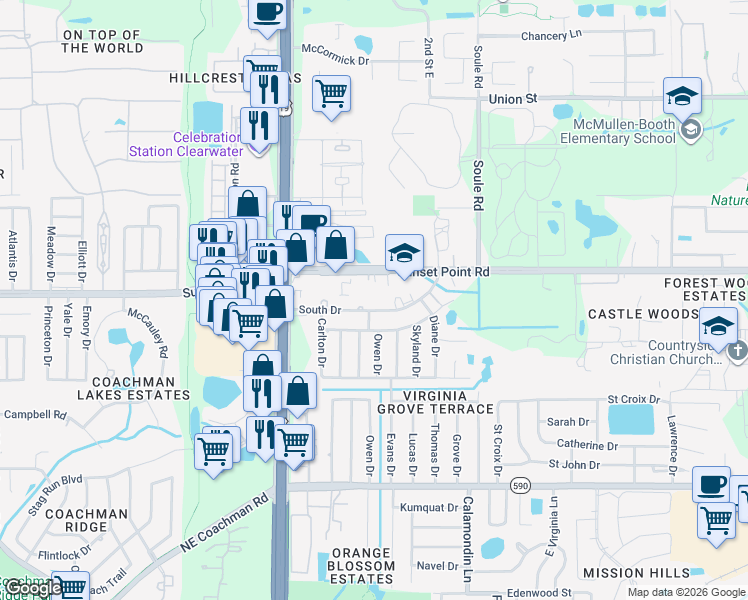 map of restaurants, bars, coffee shops, grocery stores, and more near 2701 Sunset Point Road in Clearwater