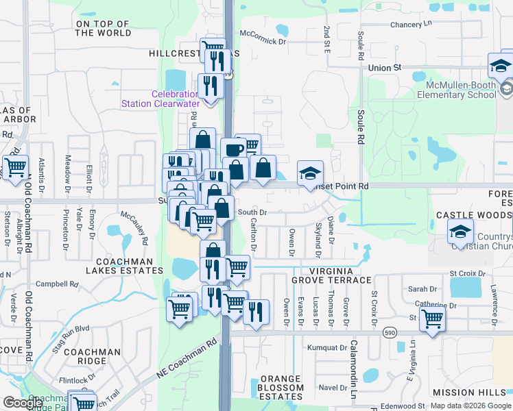 map of restaurants, bars, coffee shops, grocery stores, and more near 2627 Harbor Circle in Clearwater