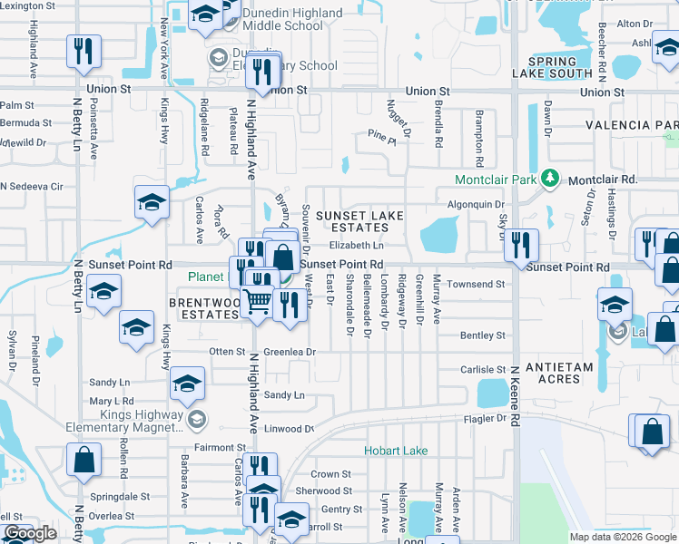 map of restaurants, bars, coffee shops, grocery stores, and more near 1580 County Road 576 in Clearwater