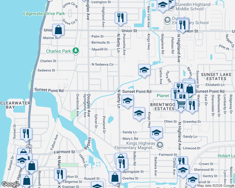 map of restaurants, bars, coffee shops, grocery stores, and more near 1301-1351 Sunset Point Road in Clearwater