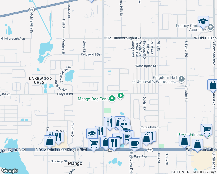 map of restaurants, bars, coffee shops, grocery stores, and more near 11736 Mango Cross Court in Seffner