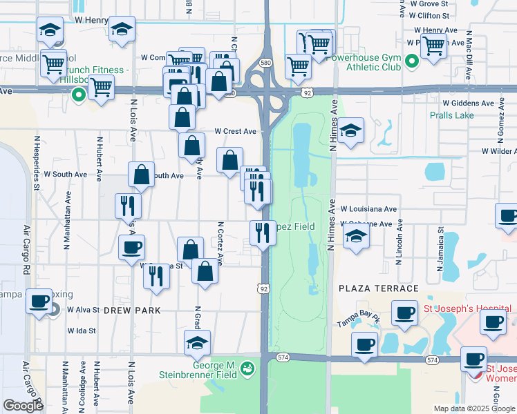 map of restaurants, bars, coffee shops, grocery stores, and more near 4812 North Dale Mabry Highway in Tampa