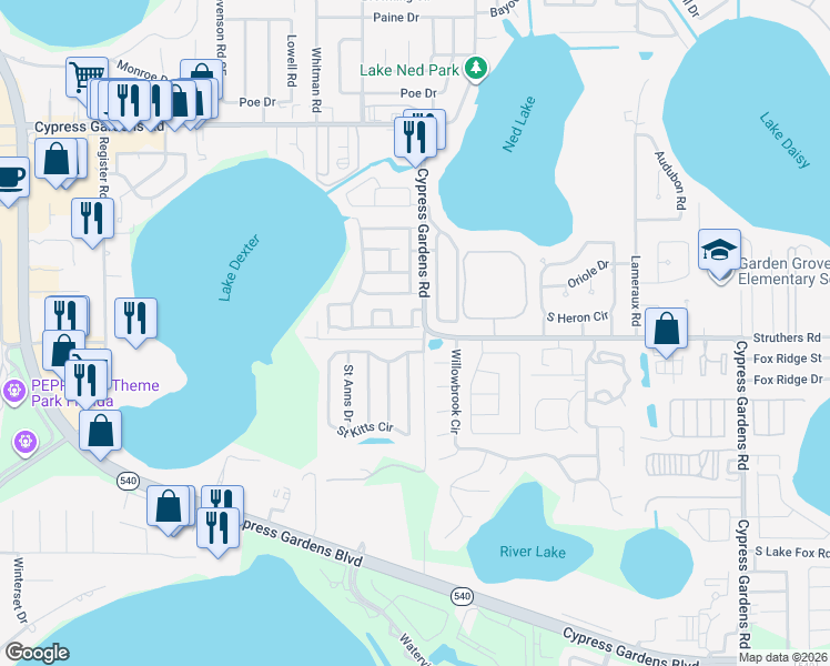 map of restaurants, bars, coffee shops, grocery stores, and more near 4412 Glenns Landing in Winter Haven