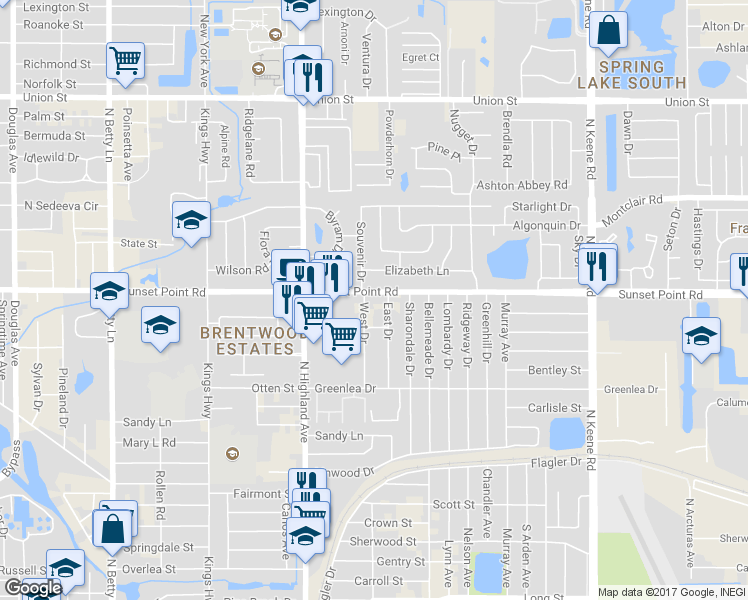 map of restaurants, bars, coffee shops, grocery stores, and more near 1555 Sunset Point Road in Clearwater