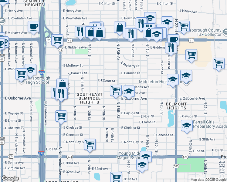 map of restaurants, bars, coffee shops, grocery stores, and more near 1406 East Louisiana Avenue in Tampa