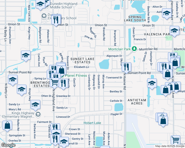 map of restaurants, bars, coffee shops, grocery stores, and more near 1647 Sunset Point Road in Clearwater