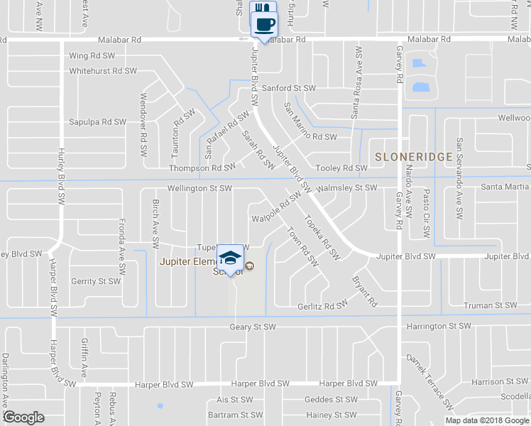 map of restaurants, bars, coffee shops, grocery stores, and more near 867 Walpole Road Southwest in Palm Bay