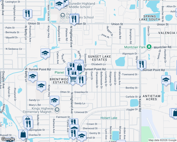 map of restaurants, bars, coffee shops, grocery stores, and more near 1555 Sunset Point Road in Clearwater