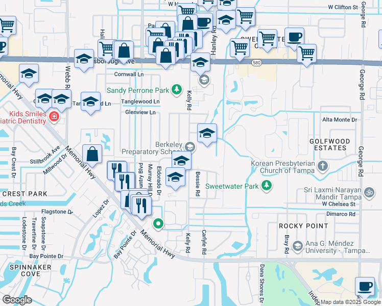 map of restaurants, bars, coffee shops, grocery stores, and more near 4811 Kelly Road in Tampa
