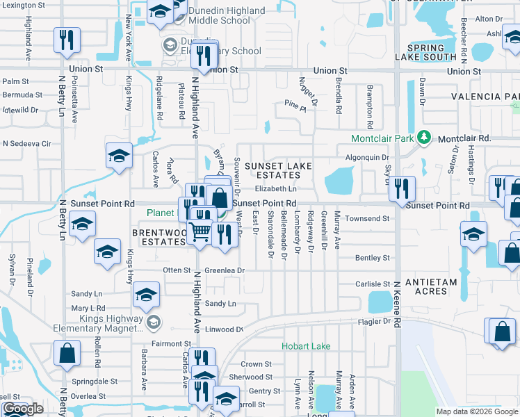 map of restaurants, bars, coffee shops, grocery stores, and more near 1569 Sunset Point Road in Clearwater