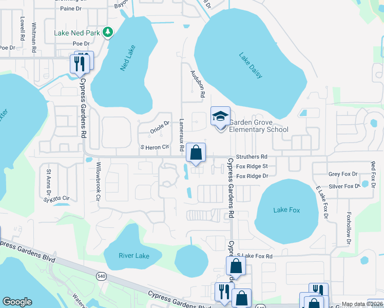 map of restaurants, bars, coffee shops, grocery stores, and more near 1020 Robin Lane in Winter Haven