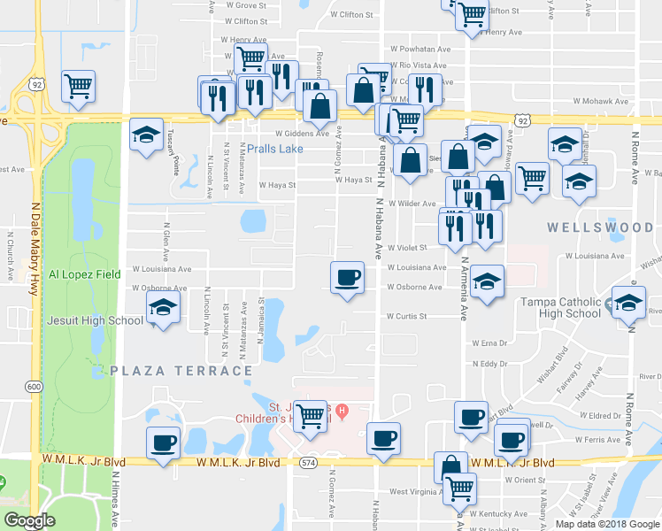 map of restaurants, bars, coffee shops, grocery stores, and more near 4816 North Gomez Avenue in Tampa