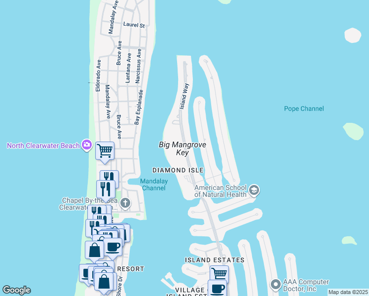 map of restaurants, bars, coffee shops, grocery stores, and more near 707 Island Way in Clearwater