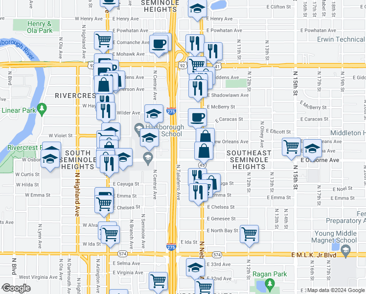 map of restaurants, bars, coffee shops, grocery stores, and more near 804 East Louisiana Avenue in Tampa