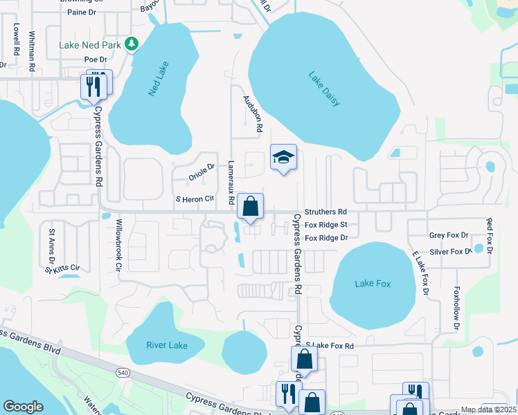 map of restaurants, bars, coffee shops, grocery stores, and more near 1101 Meadow Lark Lane in Winter Haven