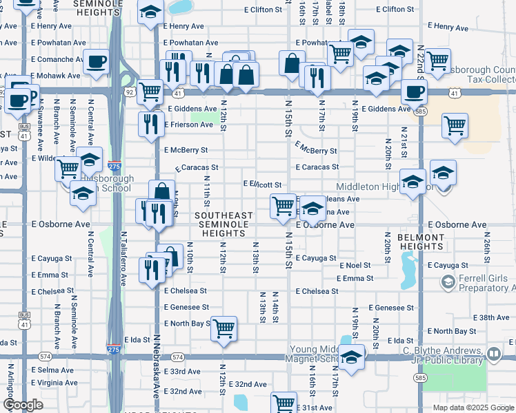 map of restaurants, bars, coffee shops, grocery stores, and more near 1307 East New Orleans Avenue in Tampa