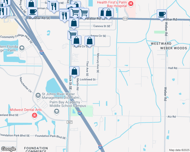 map of restaurants, bars, coffee shops, grocery stores, and more near 430 Mercury Avenue Southeast in Palm Bay