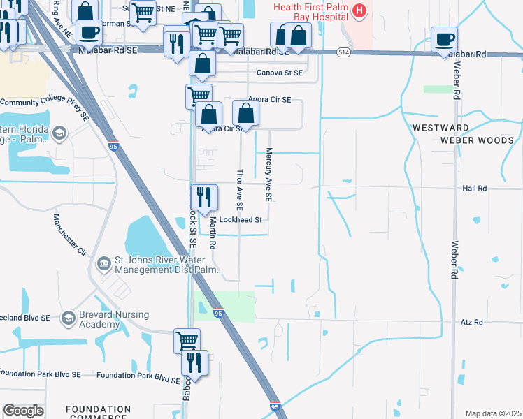 map of restaurants, bars, coffee shops, grocery stores, and more near 430 Mercury Avenue Southeast in Palm Bay