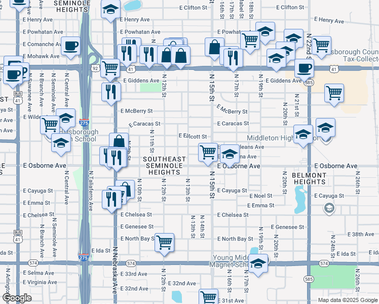 map of restaurants, bars, coffee shops, grocery stores, and more near 1307 East New Orleans Avenue in Tampa